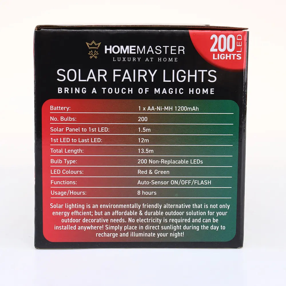 Solar 200 Red & Green LED Fairy Lights 13.5M Total Length