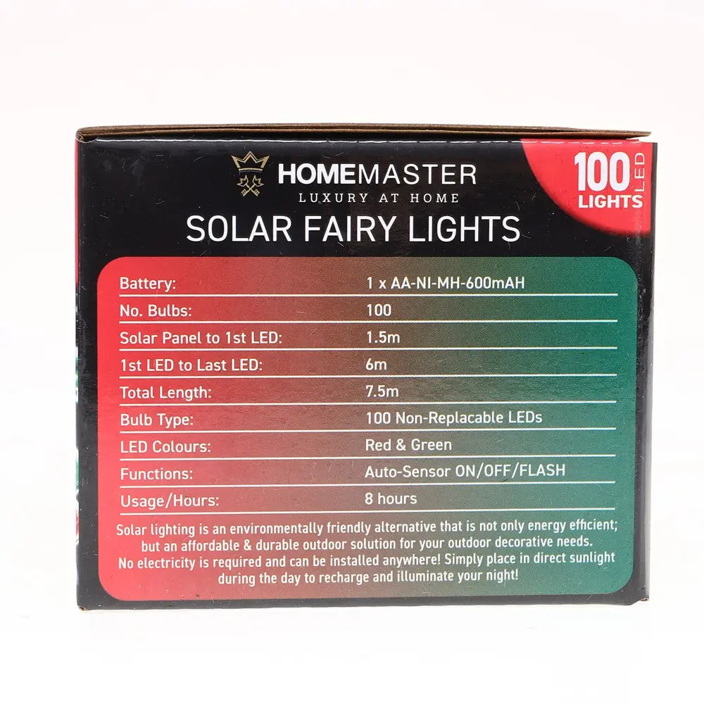 Solar 100 Red & Green LED Fairy Lights 7.5M Total Length