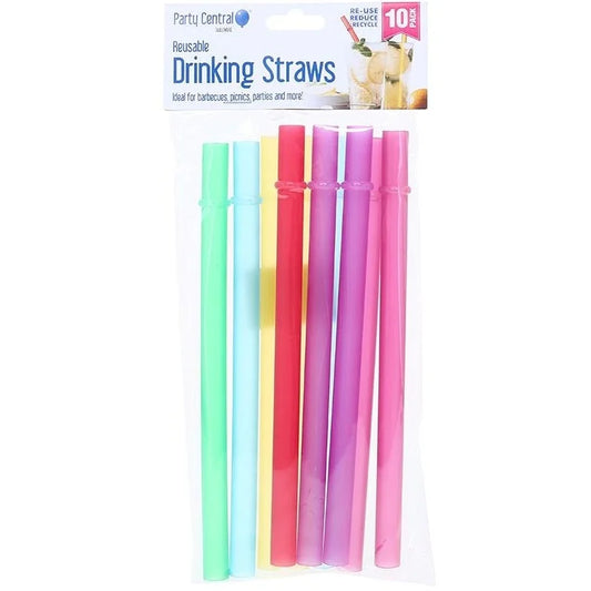 Jumbo Reusable Plastic Drinking Straws 10pcs 20cm x 1.2cm Assorted Colours