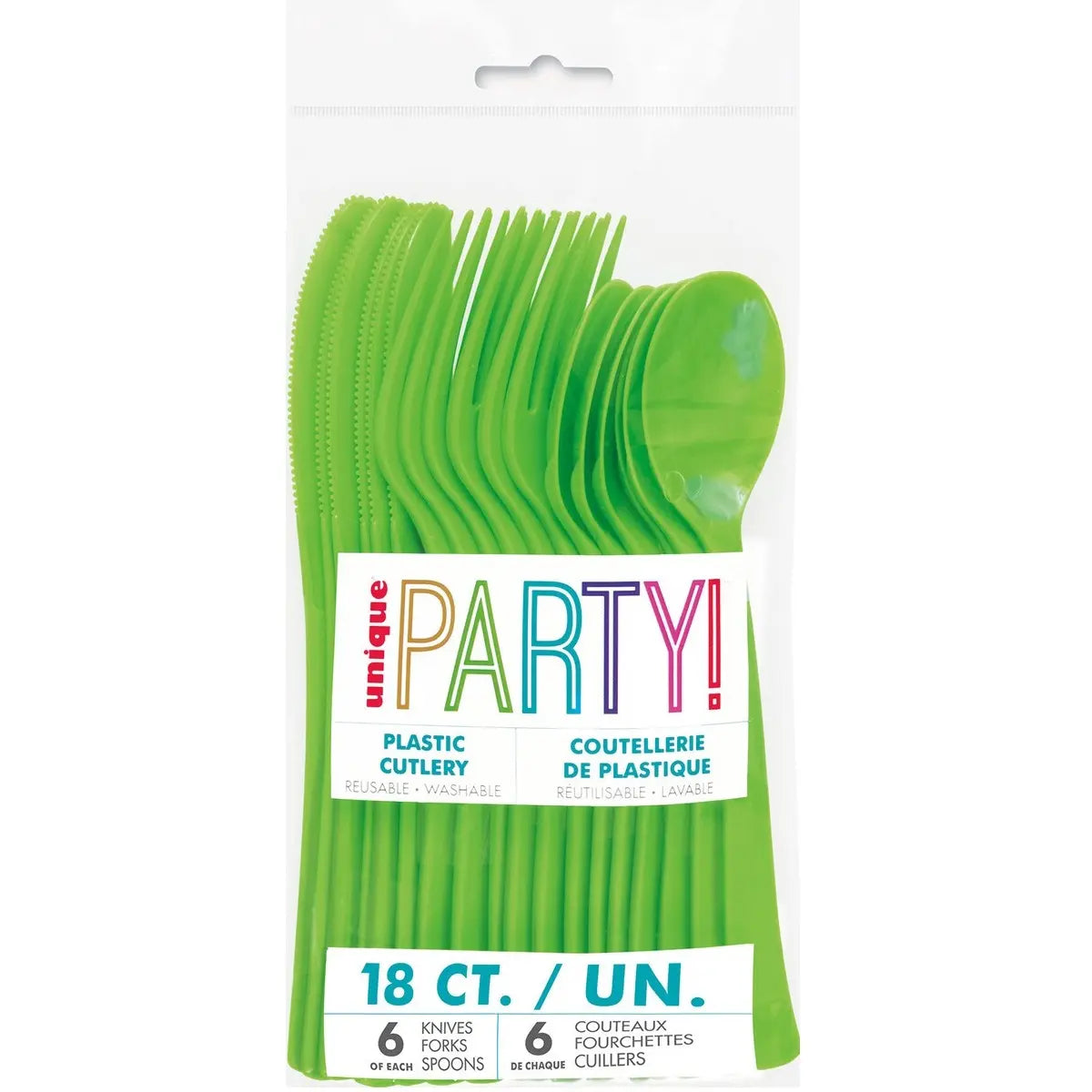 Lime Green Solid Colour Plastic Assorted Cutlery 18pk Reusable