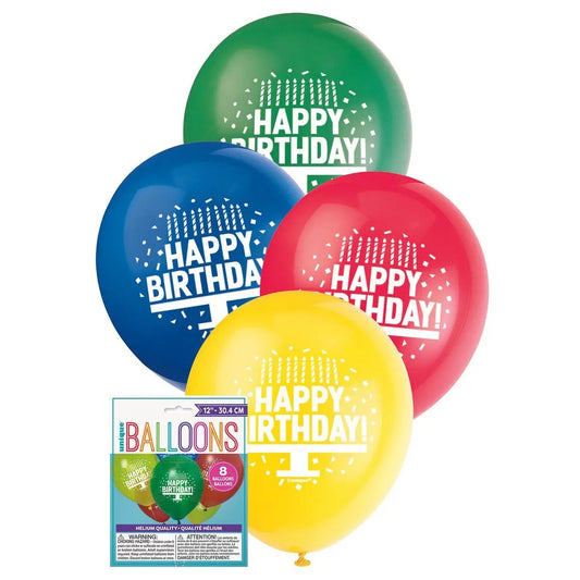 Happy Birthday Cake Latex Balloons 30cm (12") 8pk Assorted Colours