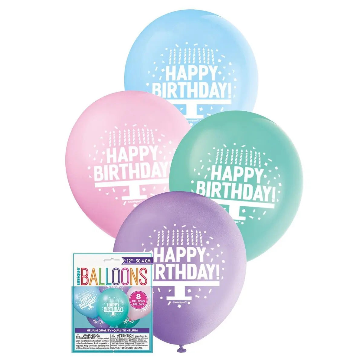 Happy Birthday Cake Latex Balloons 30cm (12") 8pk Assorted Pastel Colours