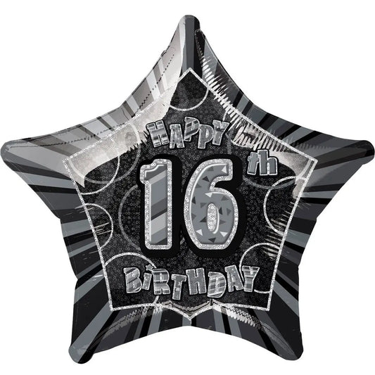 Glitz Black & Silver 16th Birthday Star Foil Balloon 50cm (20")
