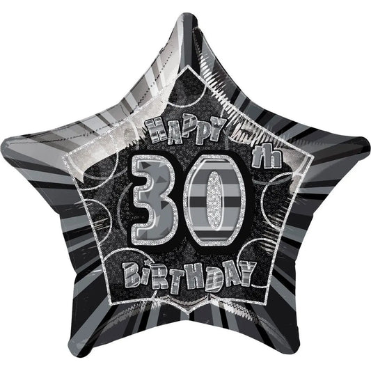 Glitz Black & Silver 30th Birthday Star Foil Balloon 50cm (20")