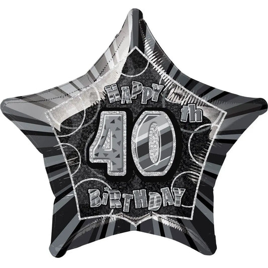 Glitz Black & Silver 40th Birthday Star Foil Balloon 50cm (20")