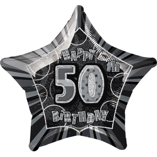 Glitz Black & Silver 50th Birthday Star Foil Balloon 50cm (20")