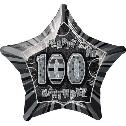 Glitz Black & Silver 100th Birthday Star Foil Balloon 50cm (20")