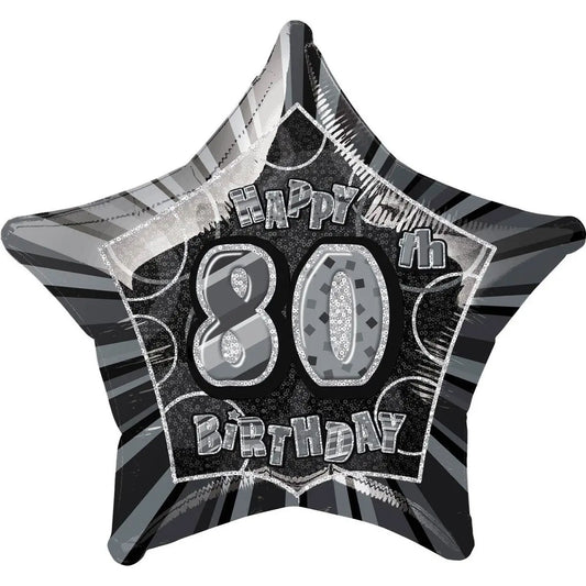 Glitz Black & Silver 80th Birthday Star Foil Balloon 50cm (20")
