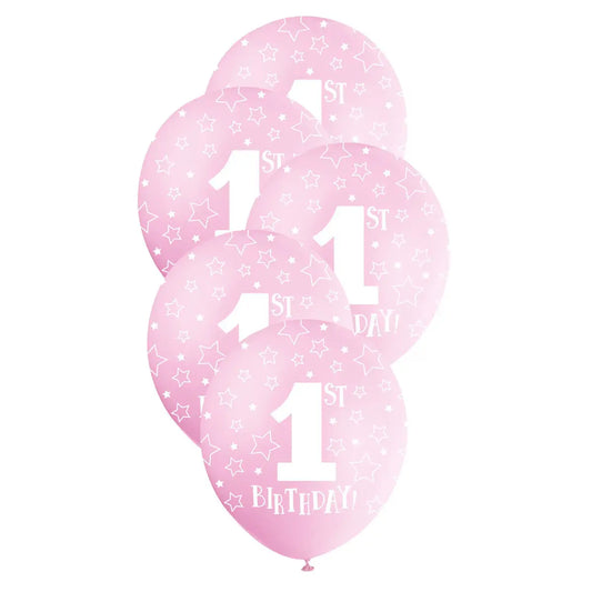 Pink 1st Birthday Stars Pearl Latex Balloons 30cm (12") 5pcs