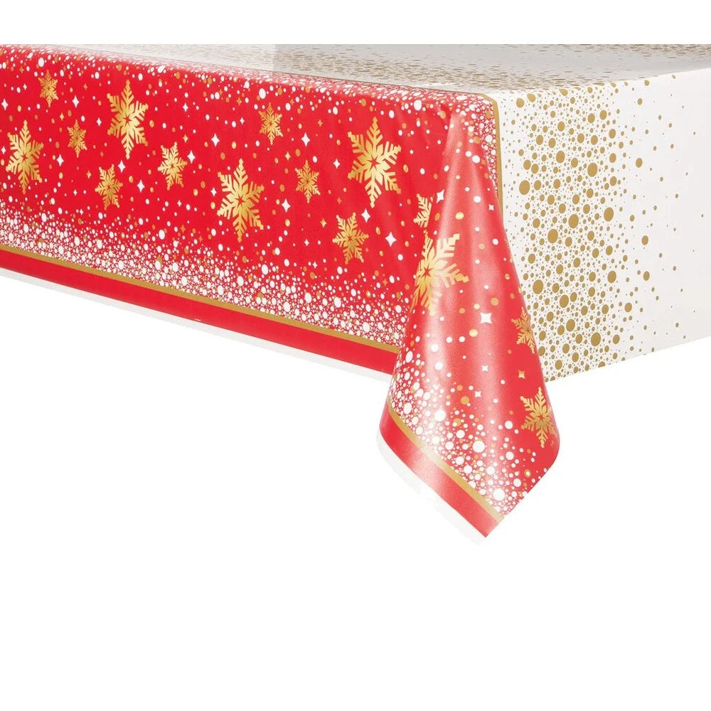Christmas Red & Gold Sparkle Plastic Table Cover 137cm x 213cm