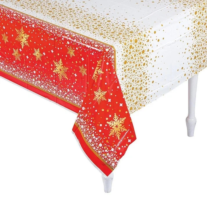 Christmas Red & Gold Sparkle Plastic Table Cover 137cm x 213cm