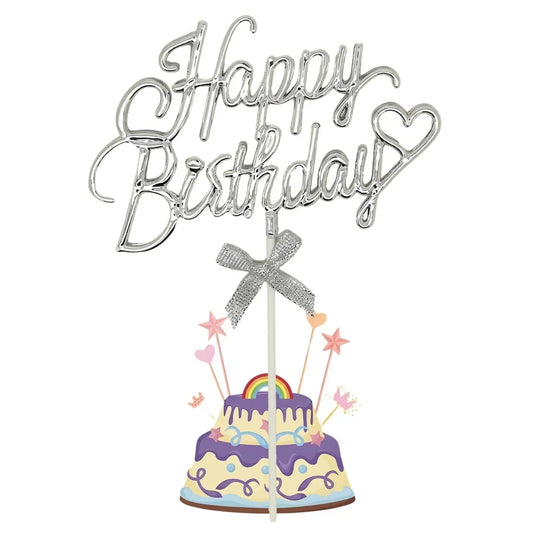 Silver Happy Birthday Cake Topper With Bow 12cm x 20cm