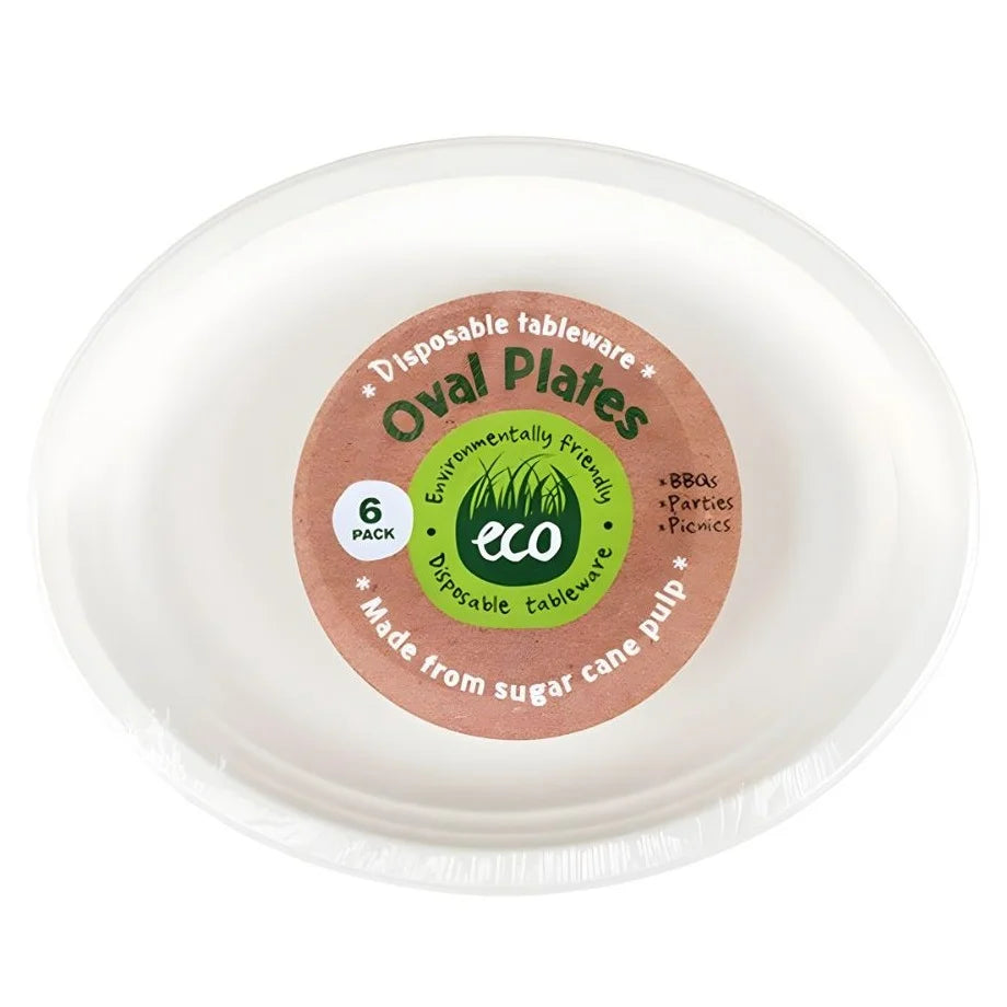 White Sugarcane Oval Plates 30 x 23cm 6pcs Eco Friendly Solid Colour