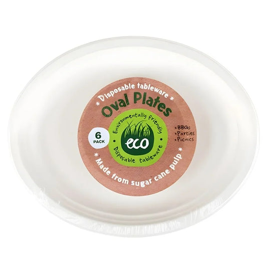 White Sugarcane Oval Plates 30 x 23cm 6pcs Eco Friendly Solid Colour