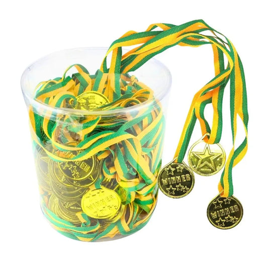 Gold Winner Medals 100pk With Green & Gold Ribbon