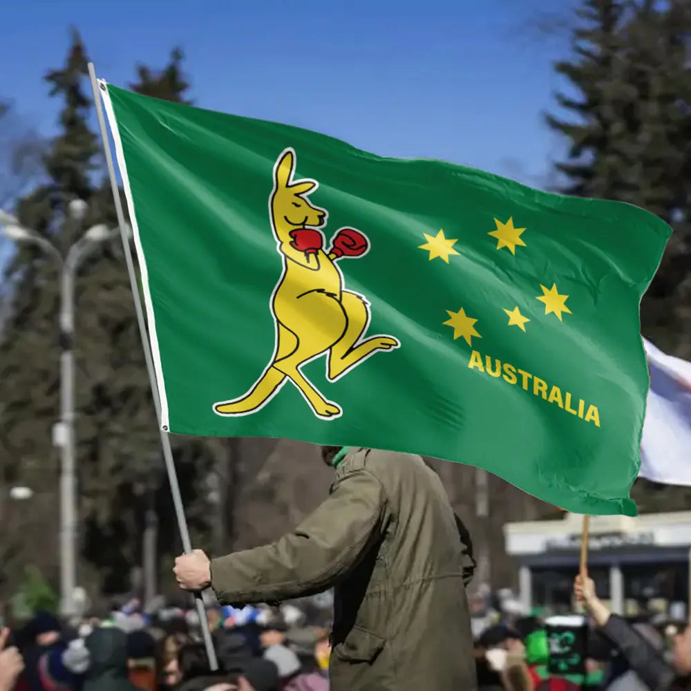 Green Australian Flag 150CM x 90CM With A Boxing Kangaroo