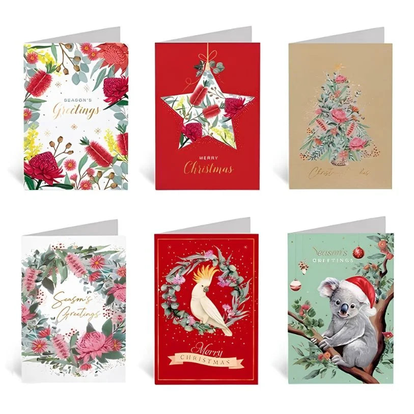 Christmas Cards 30pcs (115 x 170mm) w/Envelopes Textured Foil Australian Koala Cockatoo Native Flowers
