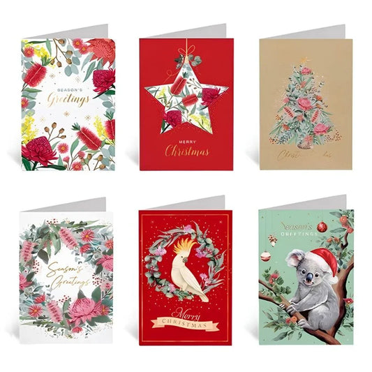 Christmas Cards 30pcs (115 x 170mm) w/Envelopes Textured Foil Australian Koala Cockatoo Native Flowers