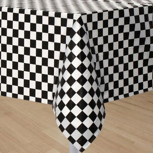 Black & White Checkered Plastic Table Cover 1.37m x 2.74m Tablecloth