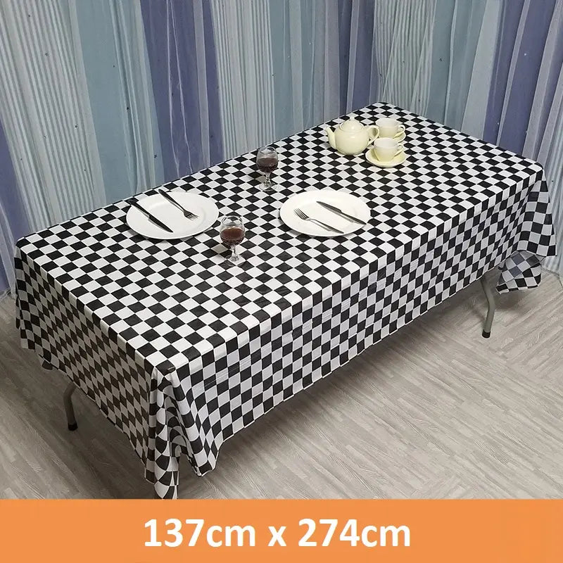Black & White Checkered Plastic Table Cover 1.37m x 2.74m Tablecloth