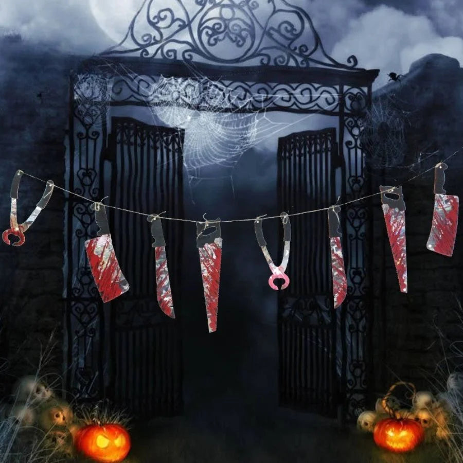 Fake Blood-Splattered Knife & Tool Halloween Hanging Garland 1.8m
