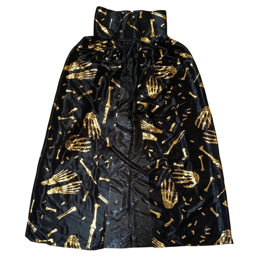 Kids Black & Gold Halloween Cape 70cm Skeleton Bone Print