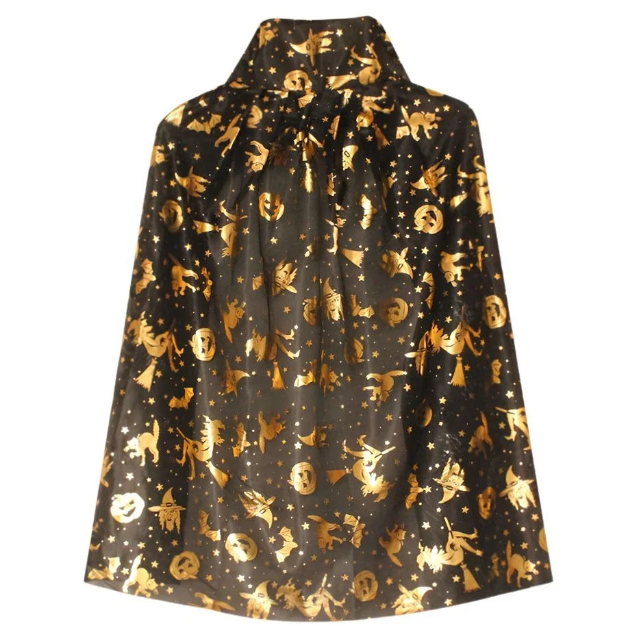 Kids Black & Gold Halloween Witch Cape 75cm Witches Pumpkins Bats Print