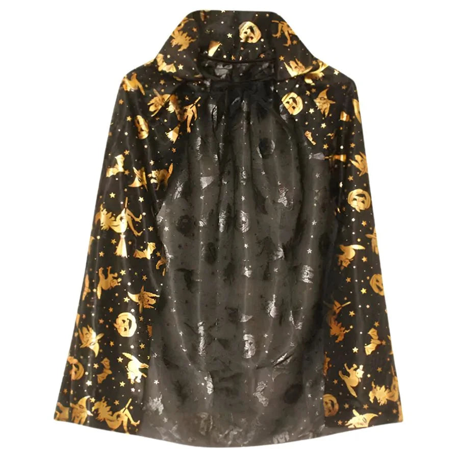 Kids Black & Gold Halloween Witch Cape 75cm Witches Pumpkins Bats Print