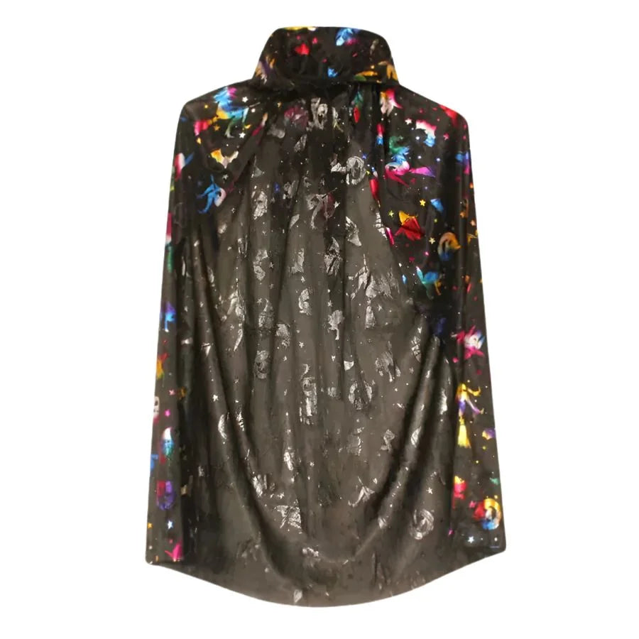 Kids Black & Multicolour Halloween Witch Cape 75cm Witches Pumpkins Bats Print