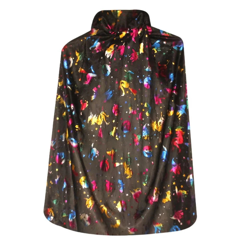 Kids Black & Multicolour Halloween Witch Cape 75cm Witches Pumpkins Bats Print