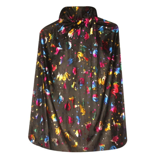 Kids Black & Multicolour Halloween Witch Cape 75cm Witches Pumpkins Bats Print