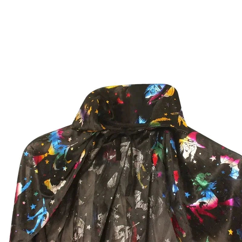 Kids Black & Multicolour Halloween Witch Cape 75cm Witches Pumpkins Bats Print