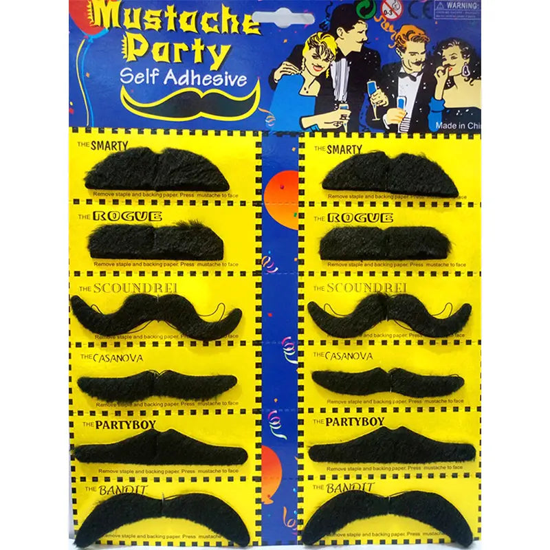 Black Fake Moustaches Set 12pcs Self-Adhesive