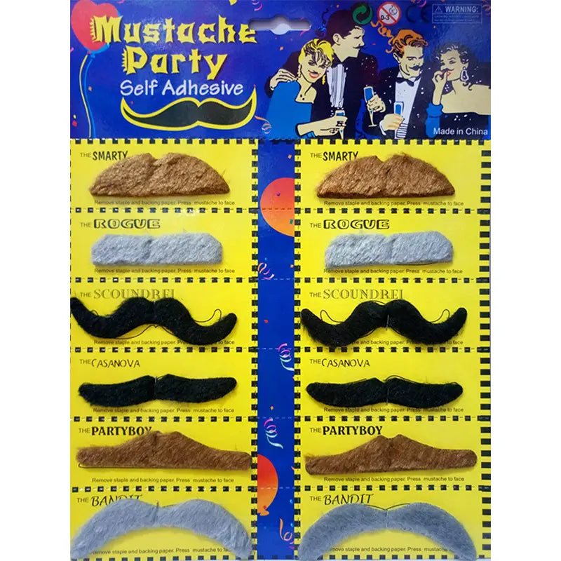 Multi-Colour Fake Moustaches Set 12pcs Self-Adhesive