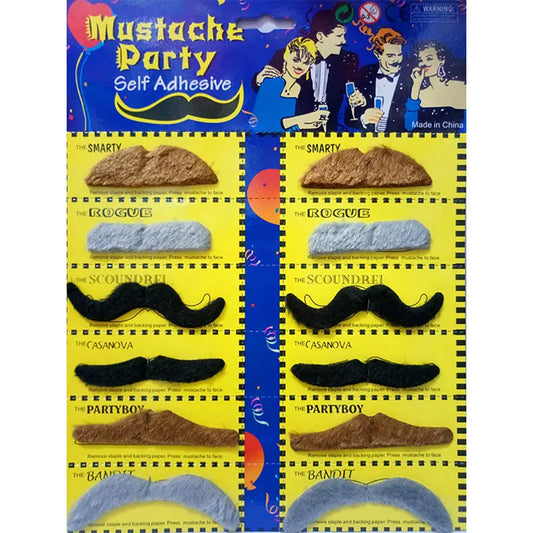 Multi-Colour Fake Moustaches Set 12pcs Self-Adhesive