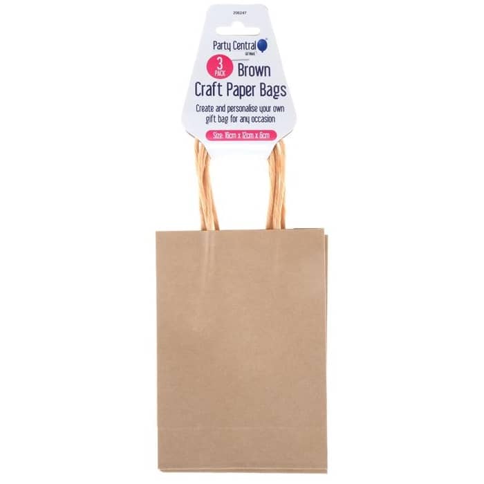 Brown Kraft Paper Party Bags 3pk 16cm x 12cm x 6cm - NextParty