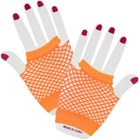 Orange Short Fingerless Fishnet Gloves