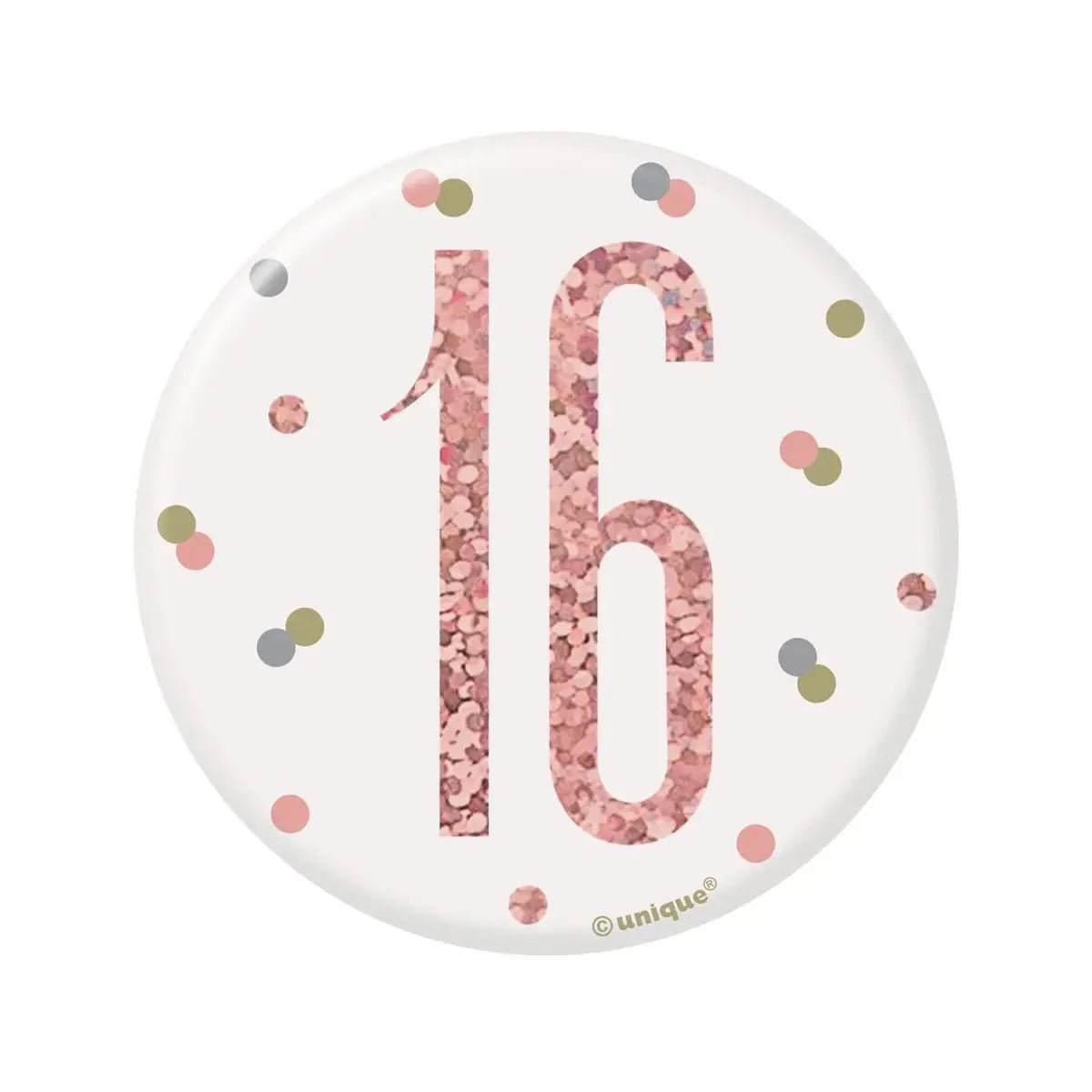 Glitz Rose Gold Birthday Badge 7.6cm (3") - 16th - NextParty