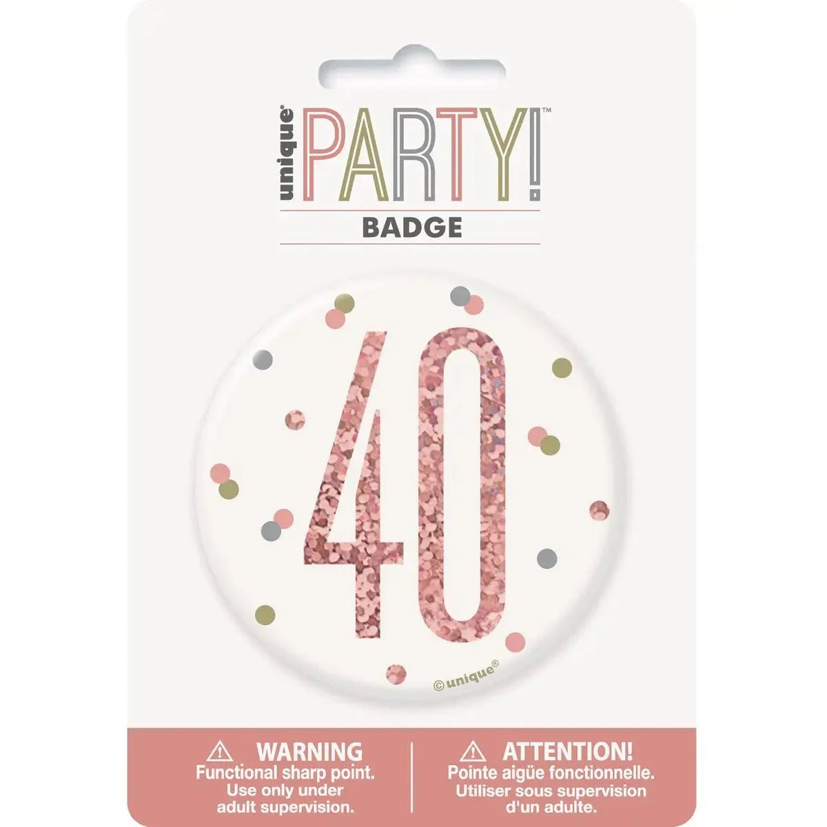 Glitz Rose Gold Birthday Badge 7.6cm (3") - 40th - NextParty