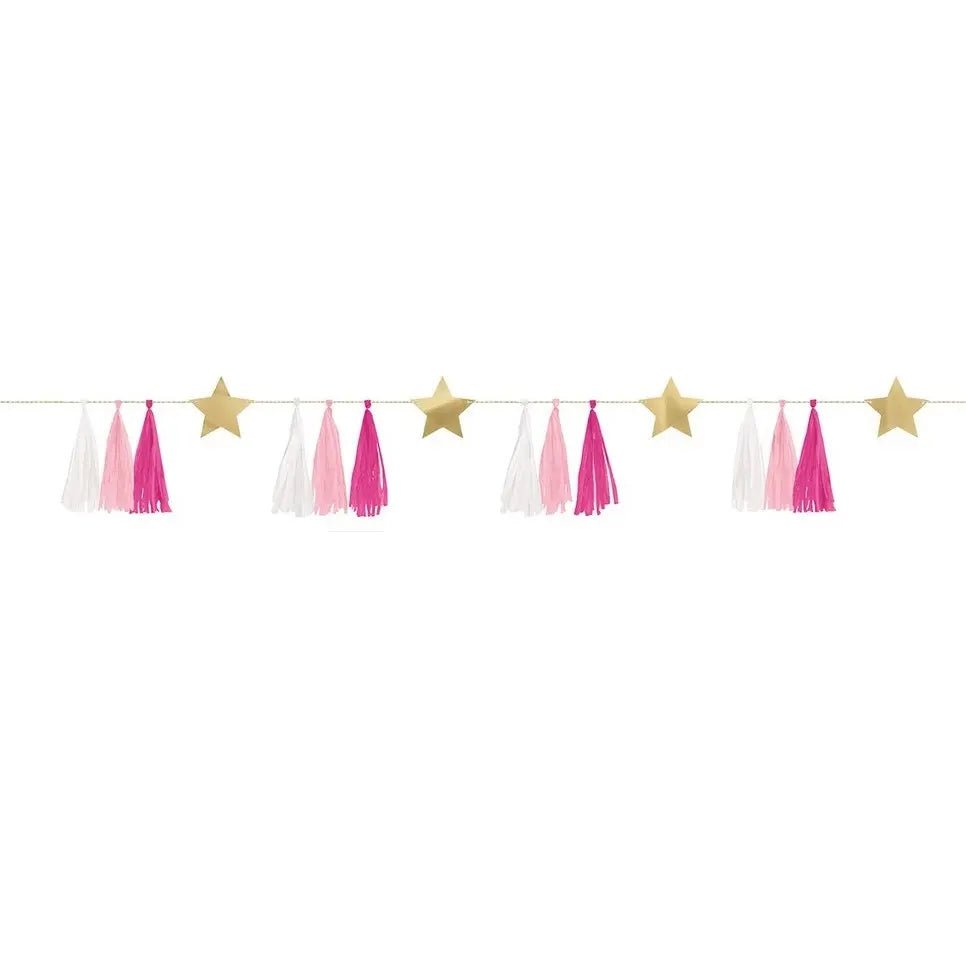 Gold Foil Star & Pink Tassel Garland 1.82m (6') Hanging Decorations - NextParty