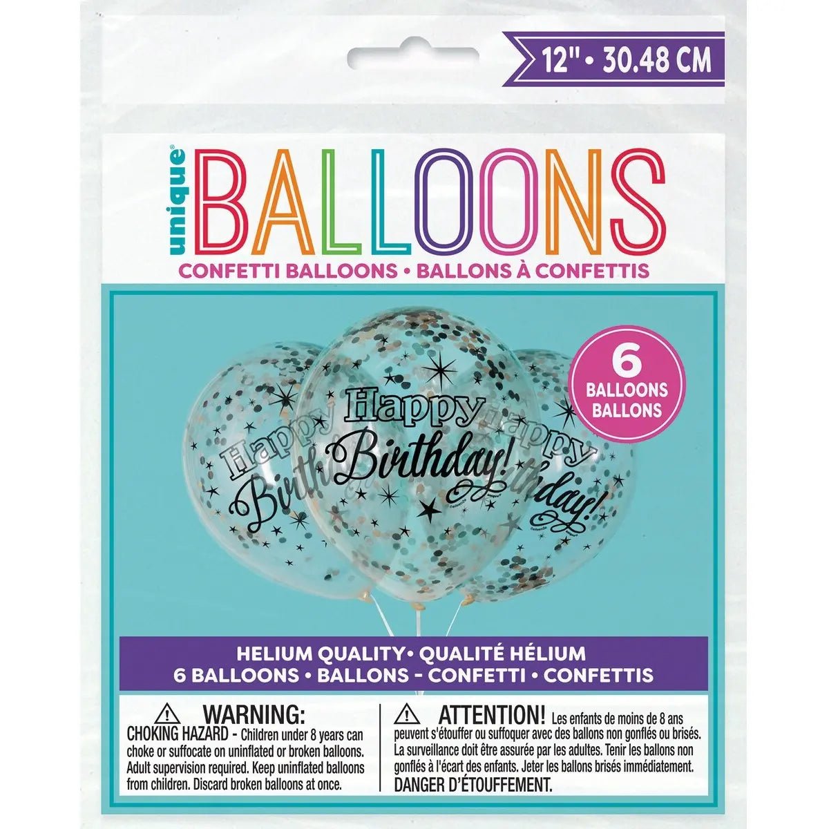 Gold Silver Black Happy Birthday Confetti Latex Balloons 30cm (12") 6pk Pre - filled - NextParty