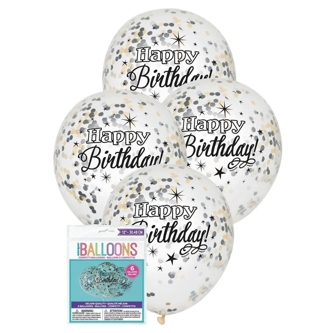 Gold Silver Black Happy Birthday Confetti Latex Balloons 30cm (12") 6pk Pre - filled - NextParty