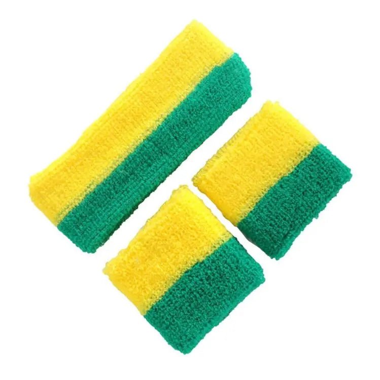 Green & Yellow 80's Cotton Wristbands Headband Sweatbands Set - NextParty
