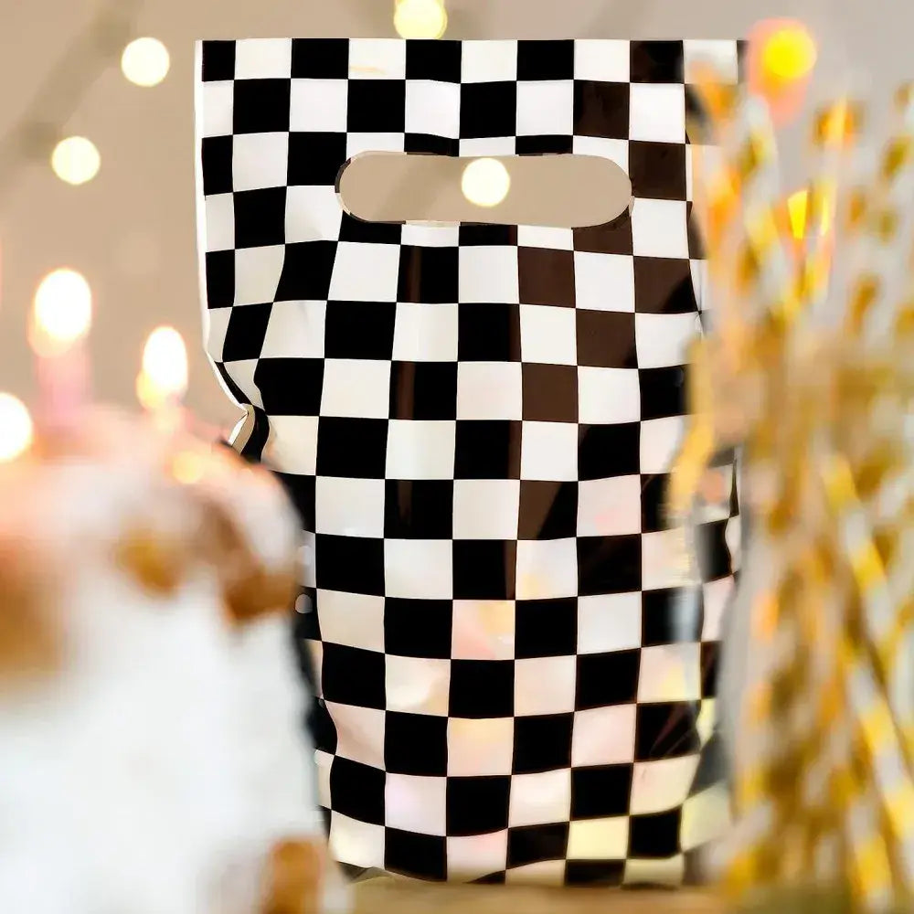 Black & White Checkered Plastic Party Bags 10pk