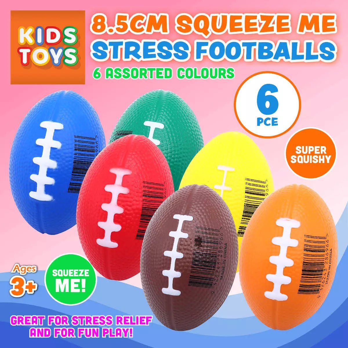 Squeeze Me Football Stress Relief Balls 8.5cm 6pk Assorted Colours - NextParty