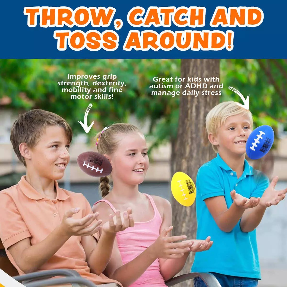 Squeeze Me Football Stress Relief Balls 8.5cm 6pk Assorted Colours - NextParty