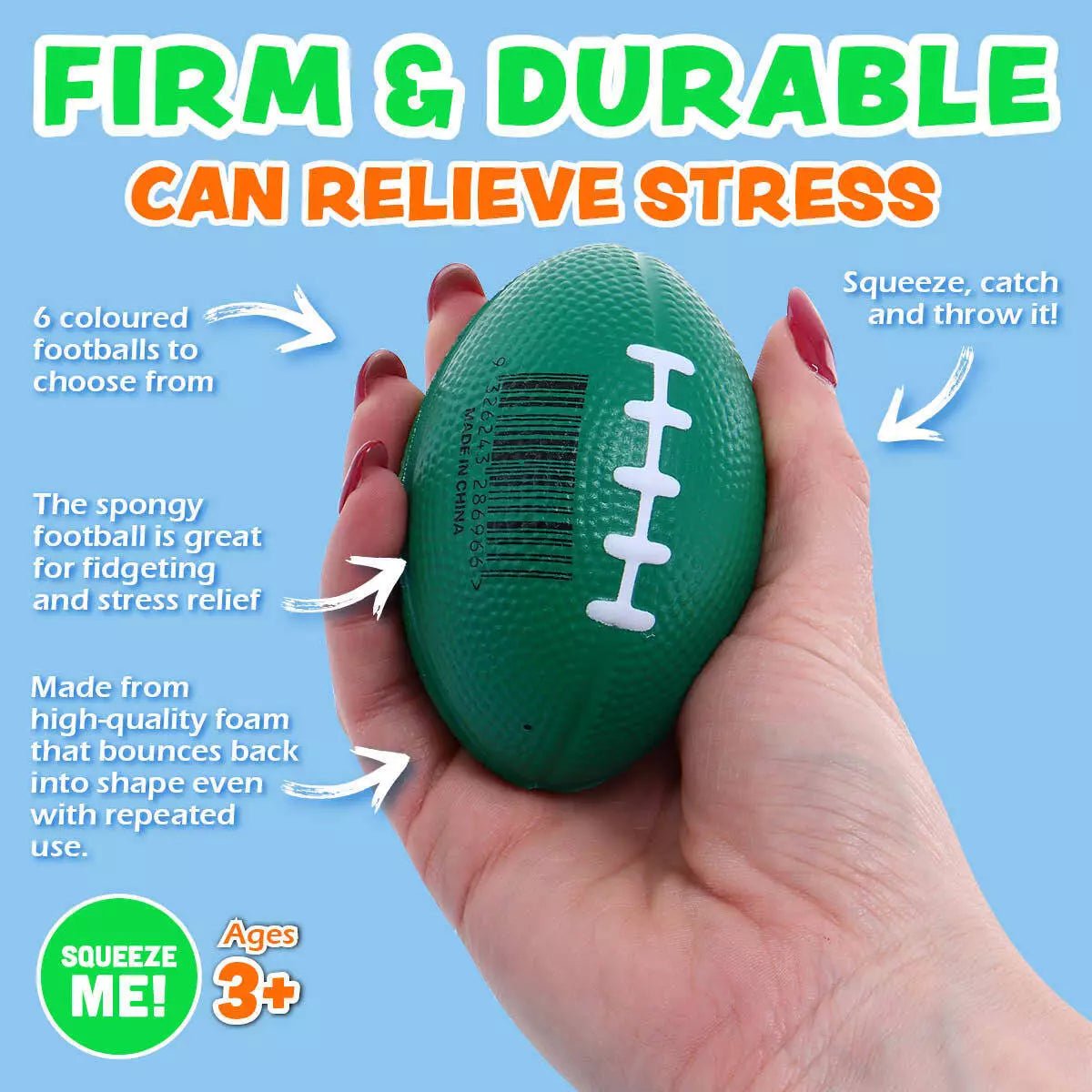 Squeeze Me Football Stress Relief Balls 8.5cm 6pk Assorted Colours - NextParty