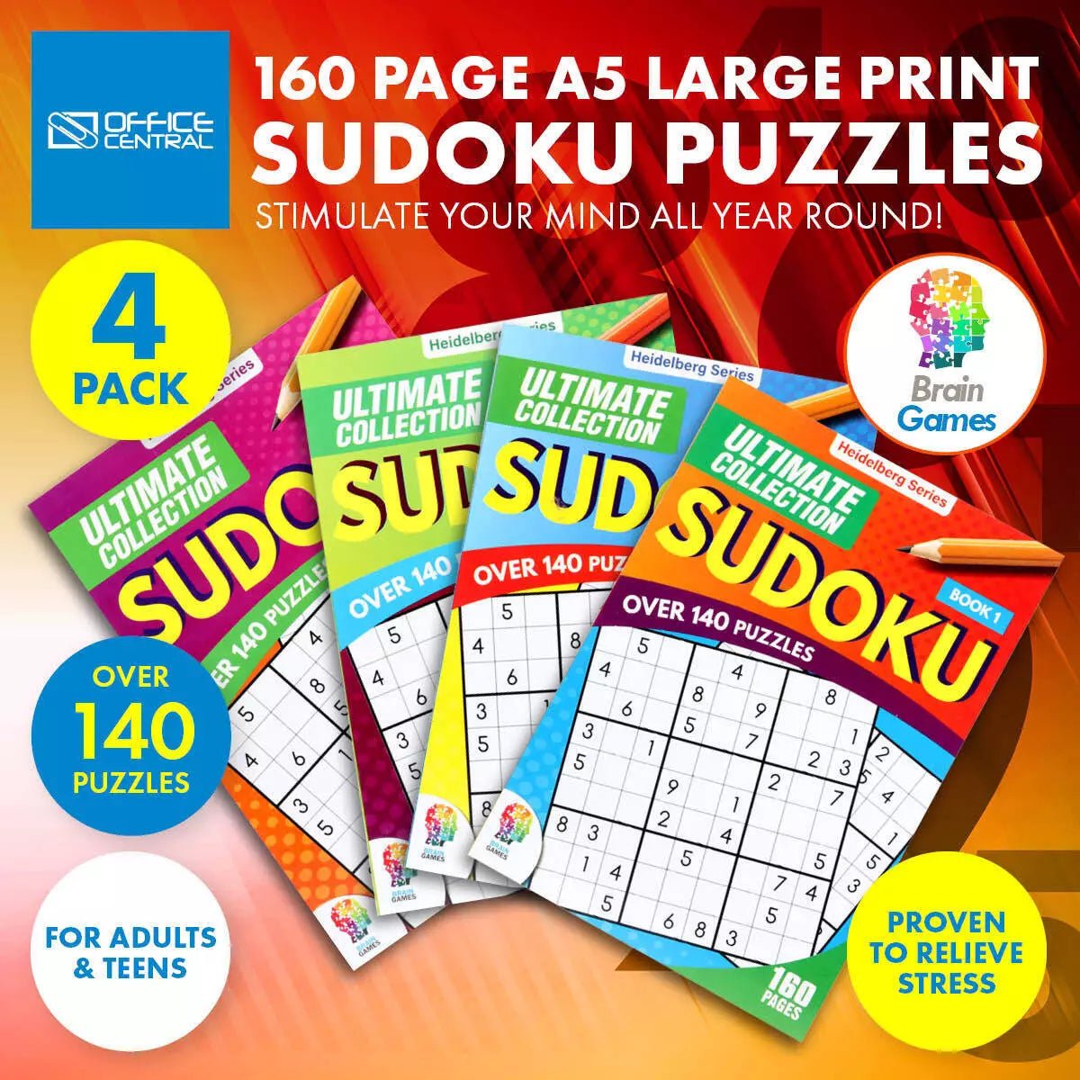 Sudoku Puzzle Books 4pk A5 160 - Page Large Print - NextParty